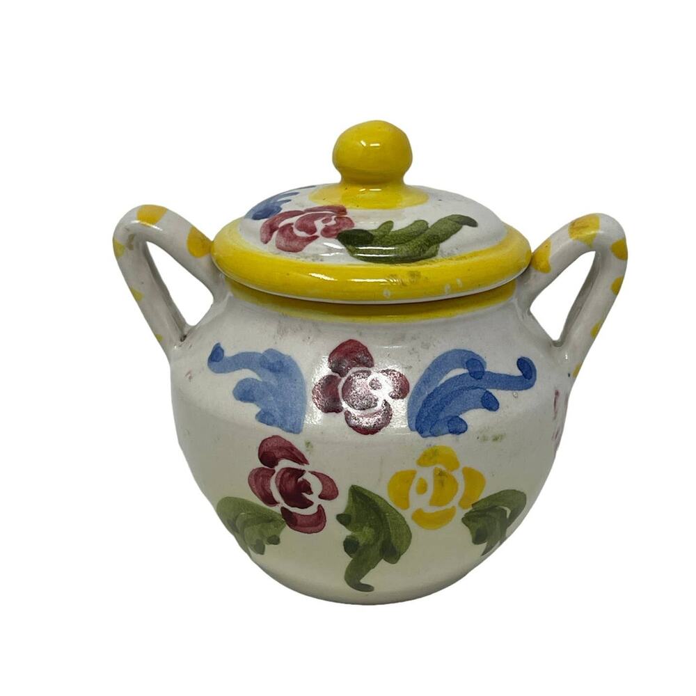Vintage 1940s Italian Pottery Sugar Bowl Mojolica Made In Italy Hand Painted